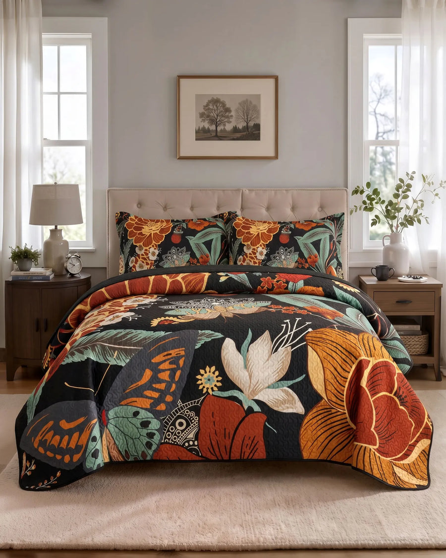Boho floral quilt set featuring the Mocha Noir pattern