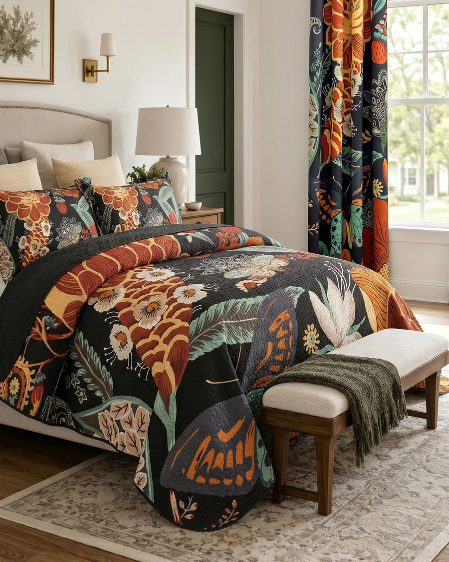 Boho floral quilt set in a modern bedroom featuring the Mocha Noir pattern