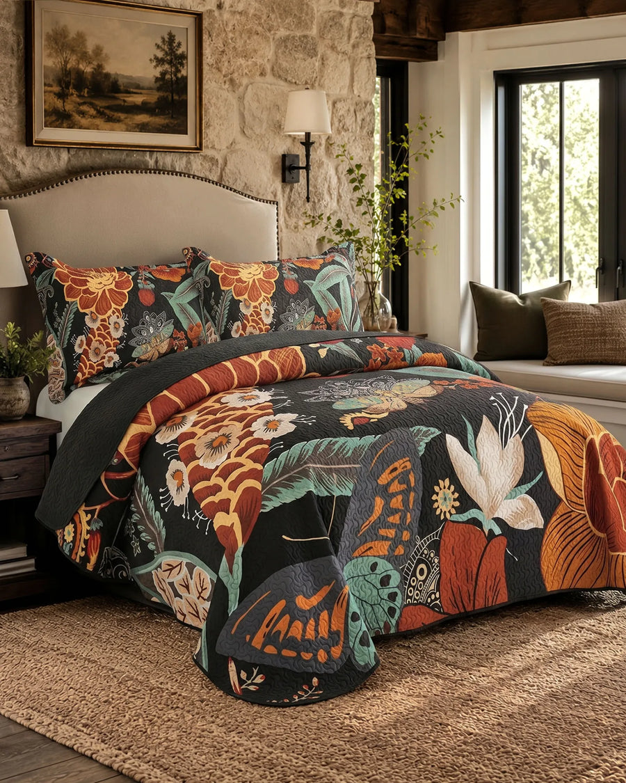 Boho floral quilt set in a rustic bedroom featuring the Mocha Noir pattern