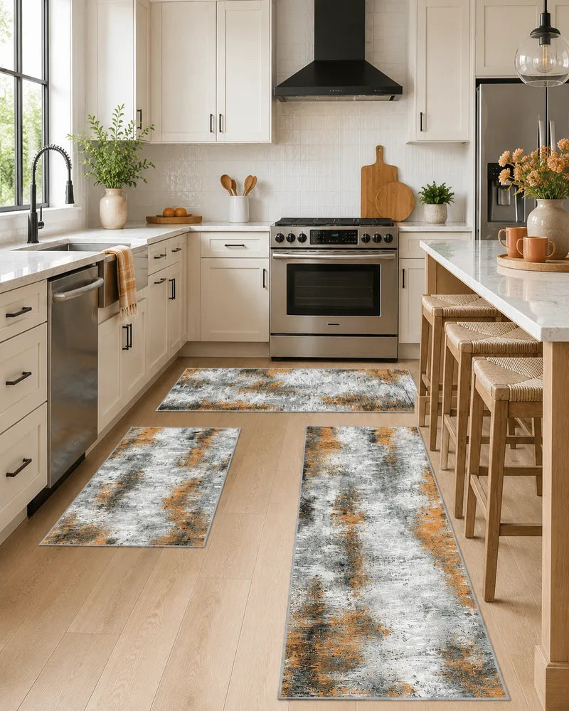 Orange washable kitchen rug set in a farmhouse-style kitchen