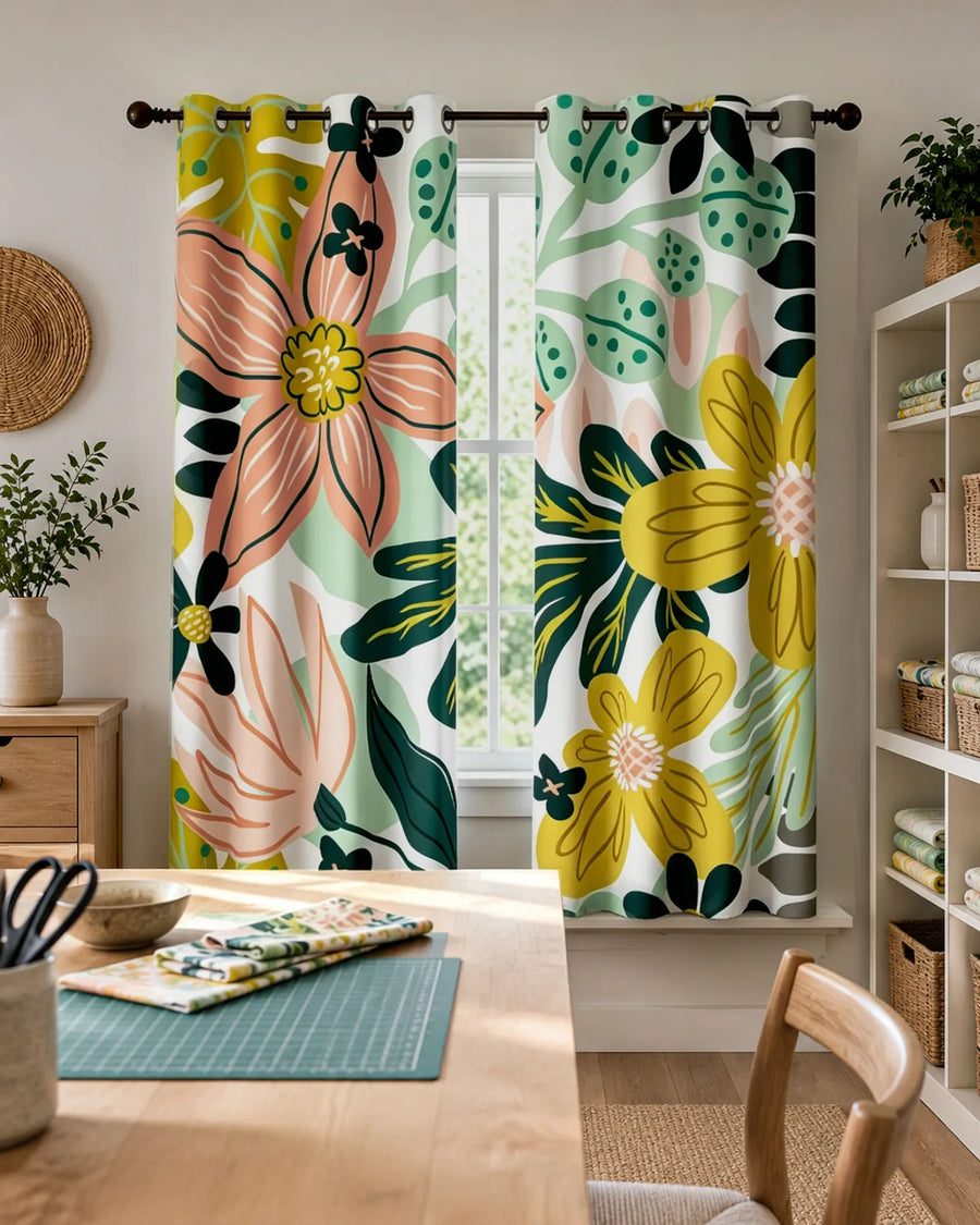 Boho floral blackout curtains in a home office featuring the Rose Garden pattern