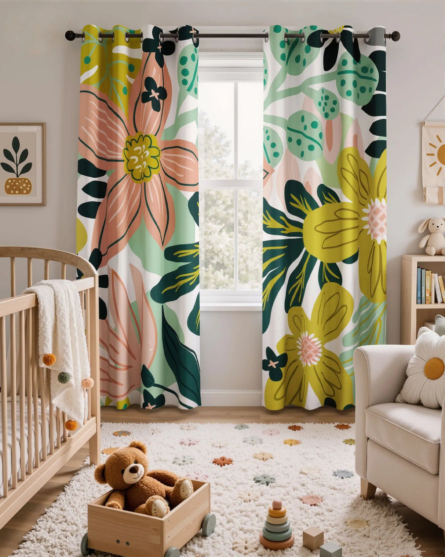 Boho floral blackout curtains in a nursery room featuring the Rose Garden pattern