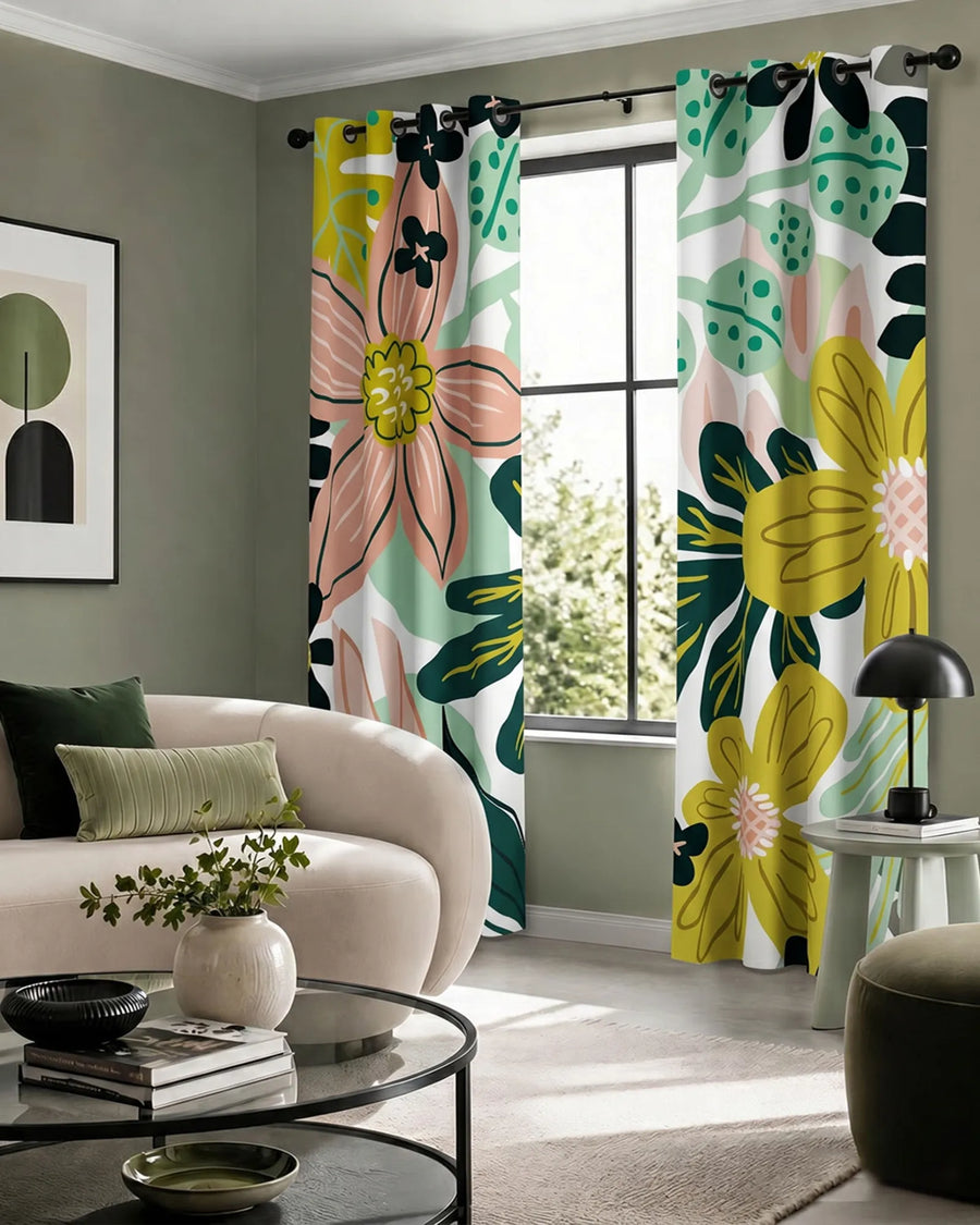 Boho floral blackout curtains in a living room featuring the Rose Garden pattern