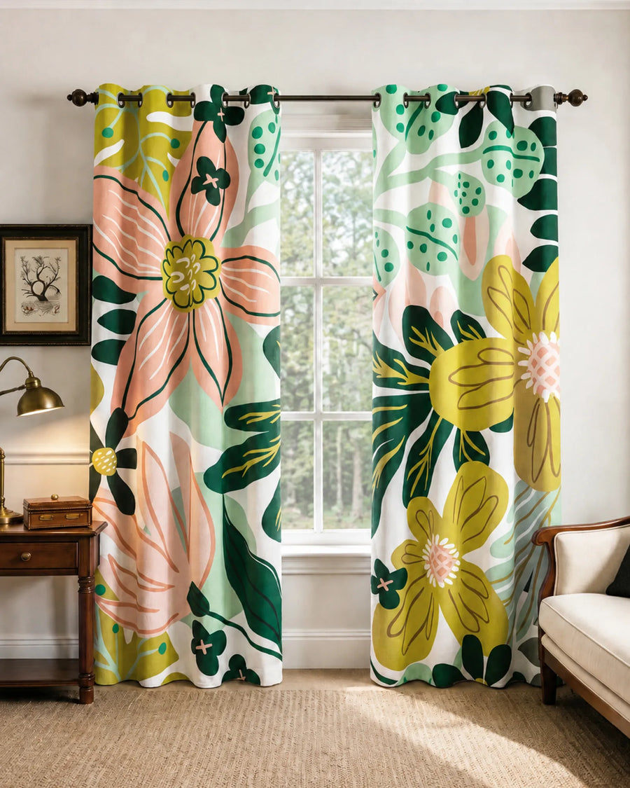 Boho floral blackout curtains featuring the Rose Garden pattern