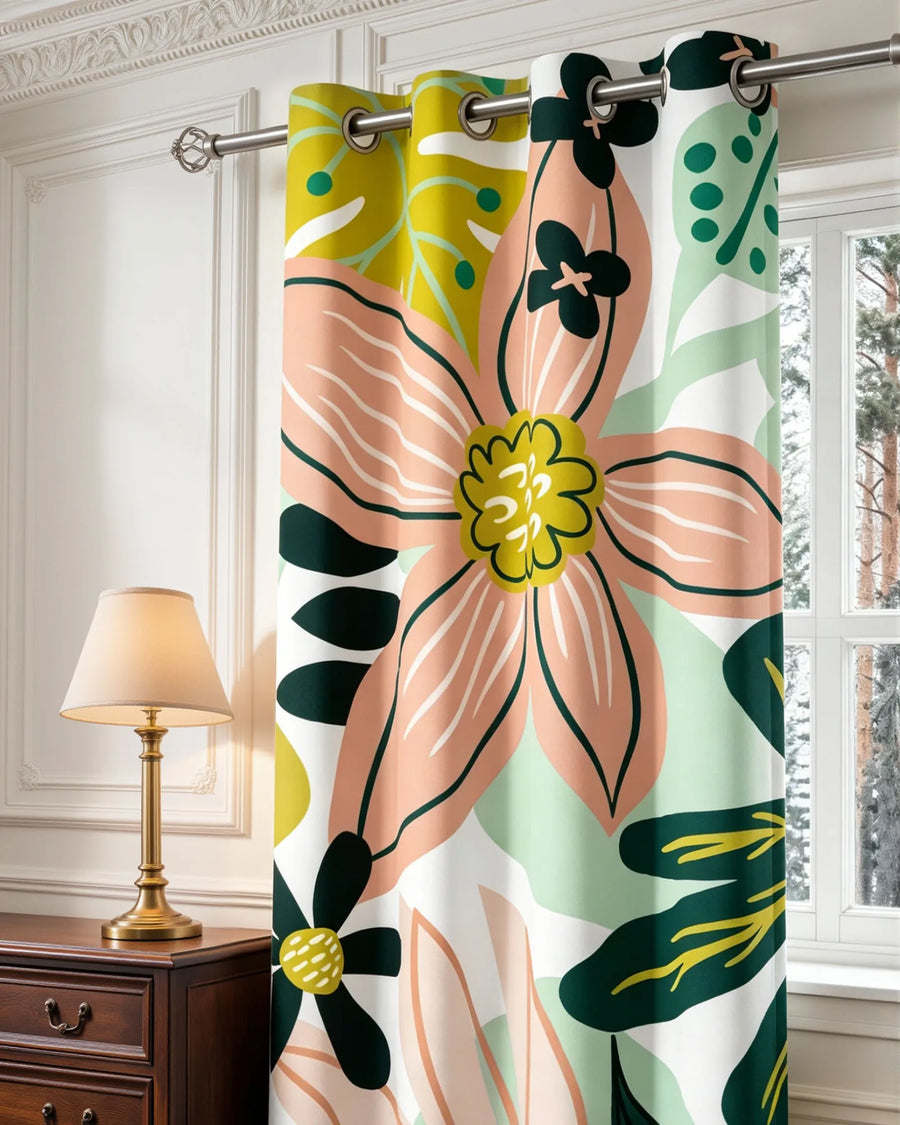 Boho floral blackout curtains hanging by a window featuring the Rose Garden pattern