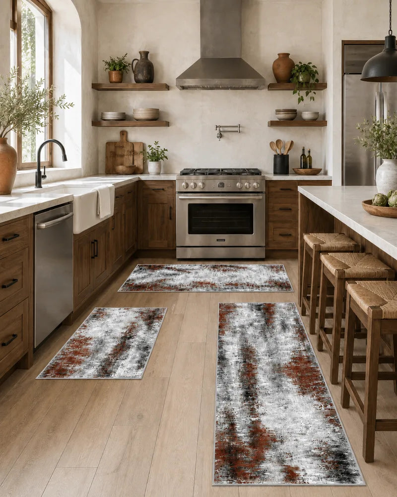 Rust red washable kitchen rug set in a modern kitchen with wood cabinets