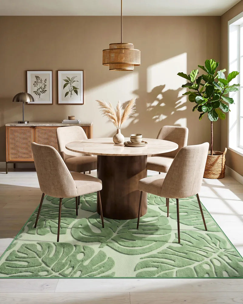 Sage green Monstera area rug beneath a round dining table