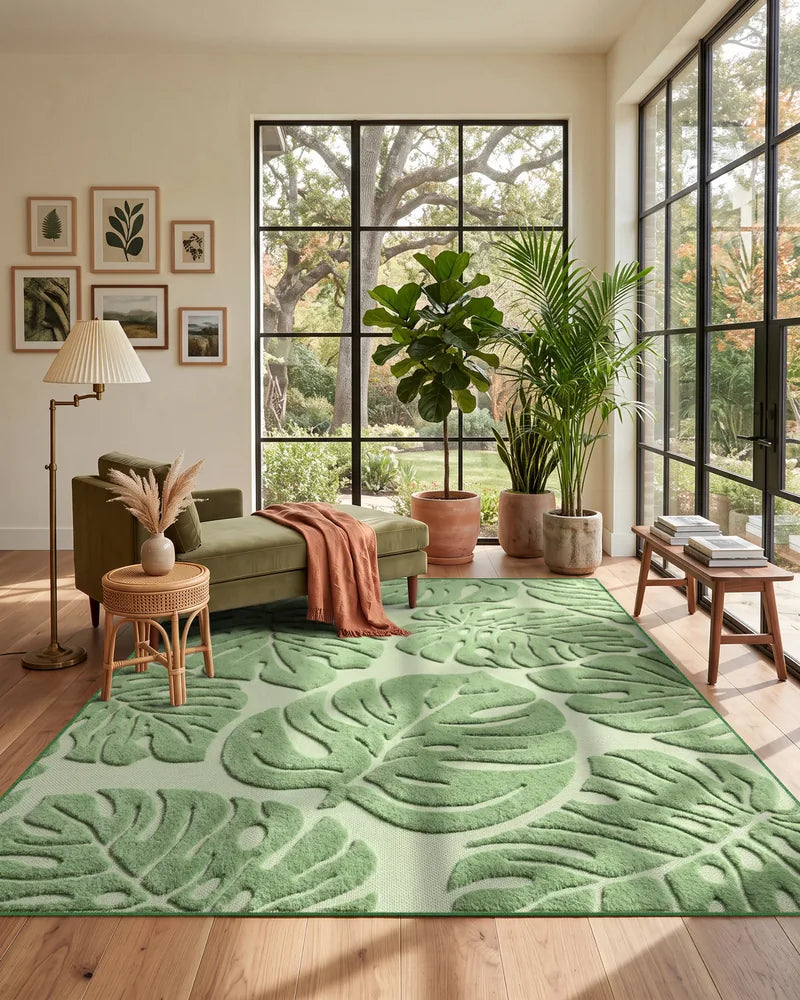 Sage green Monstera washable area rug in a plant-filled living room