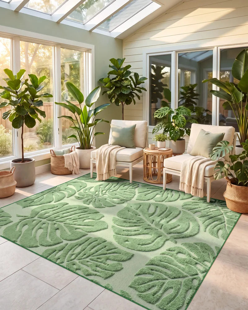 5 x 7 sage green tropical leaf rug in a bright sunroom seating area