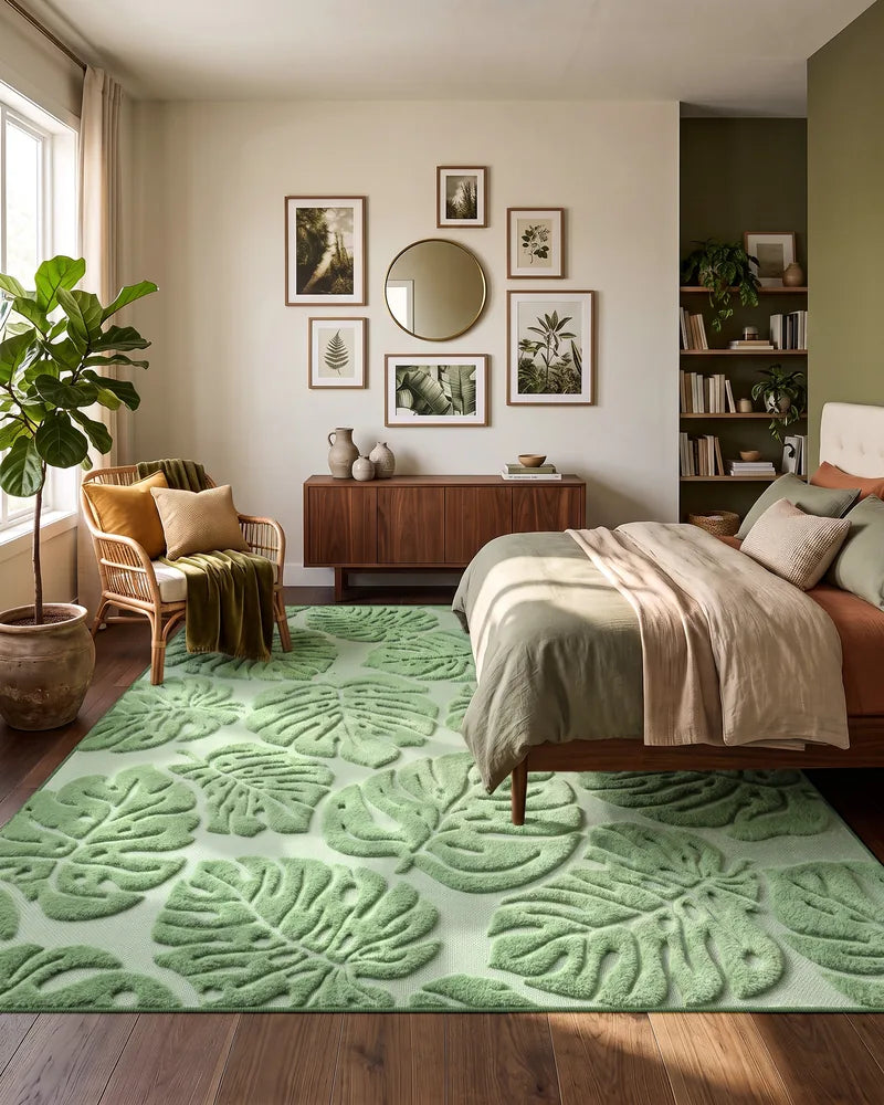 8 x 10 sage green Monstera washable rug in a cozy bedroom