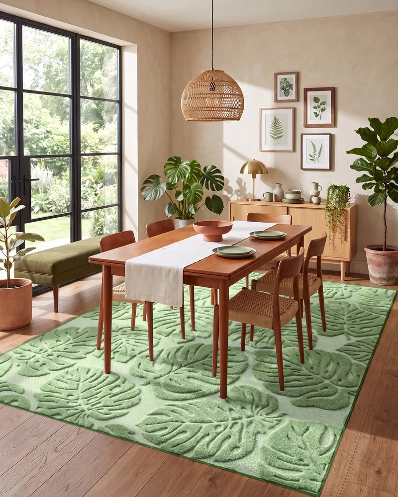 8 x 10 washable sage green botanical rug under a dining table