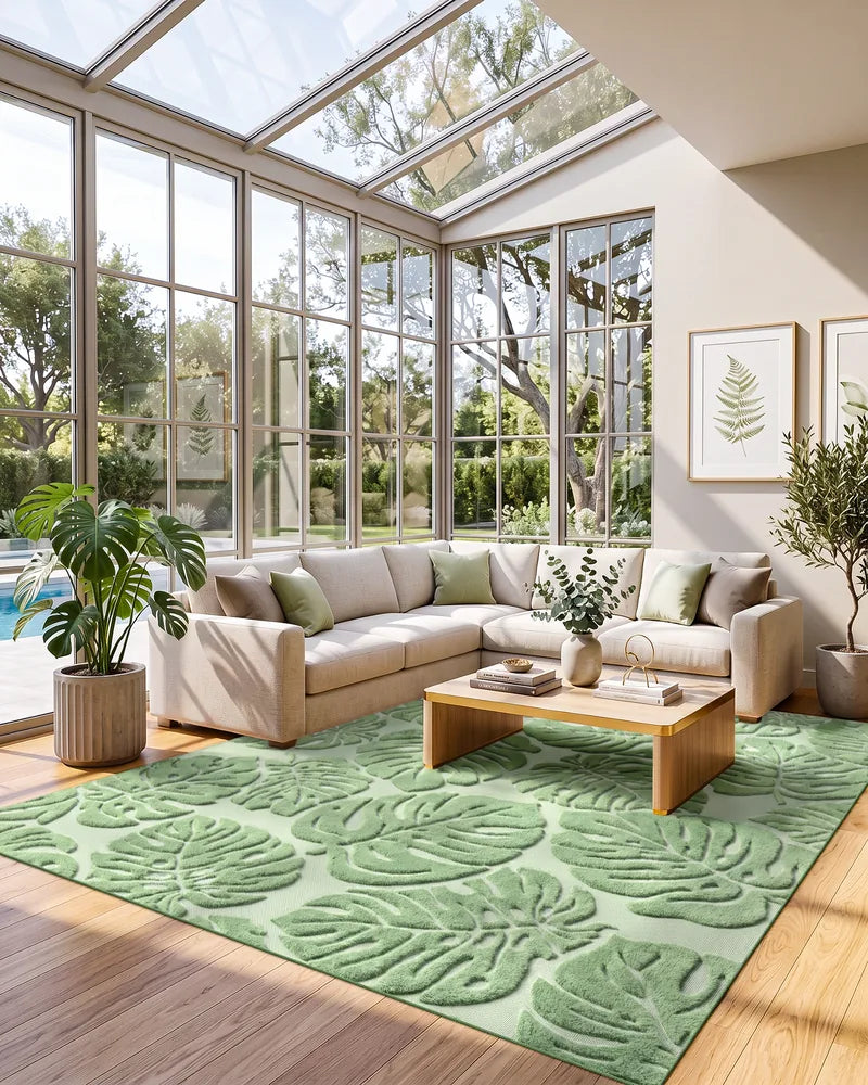 Large sage green Monstera leaf area rug in a sunlit living room