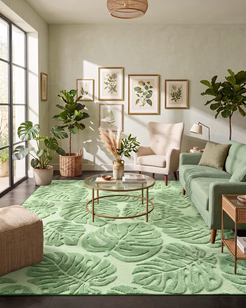 Large sage green tropical leaf rug in a modern sitting room