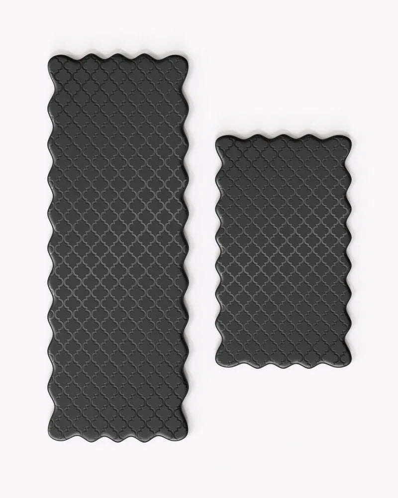 Black scalloped anti-fatigue kitchen mat set with matching runner