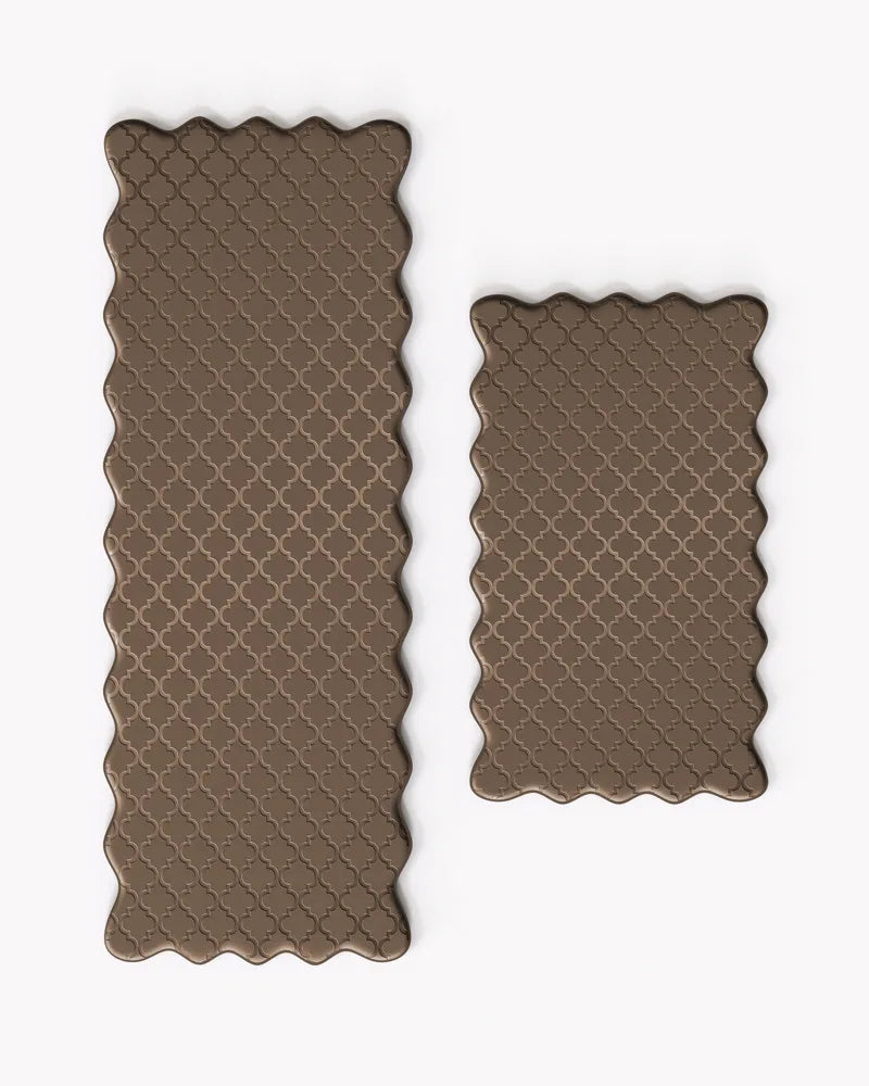 Brown scalloped anti-fatigue kitchen mat set with matching runner
