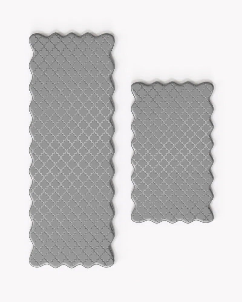 Gray scalloped anti-fatigue kitchen mat set with matching runner