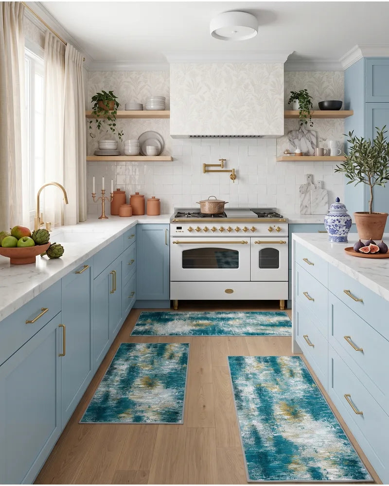 Teal washable kitchen rug set in a kitchen with blue cabinets
