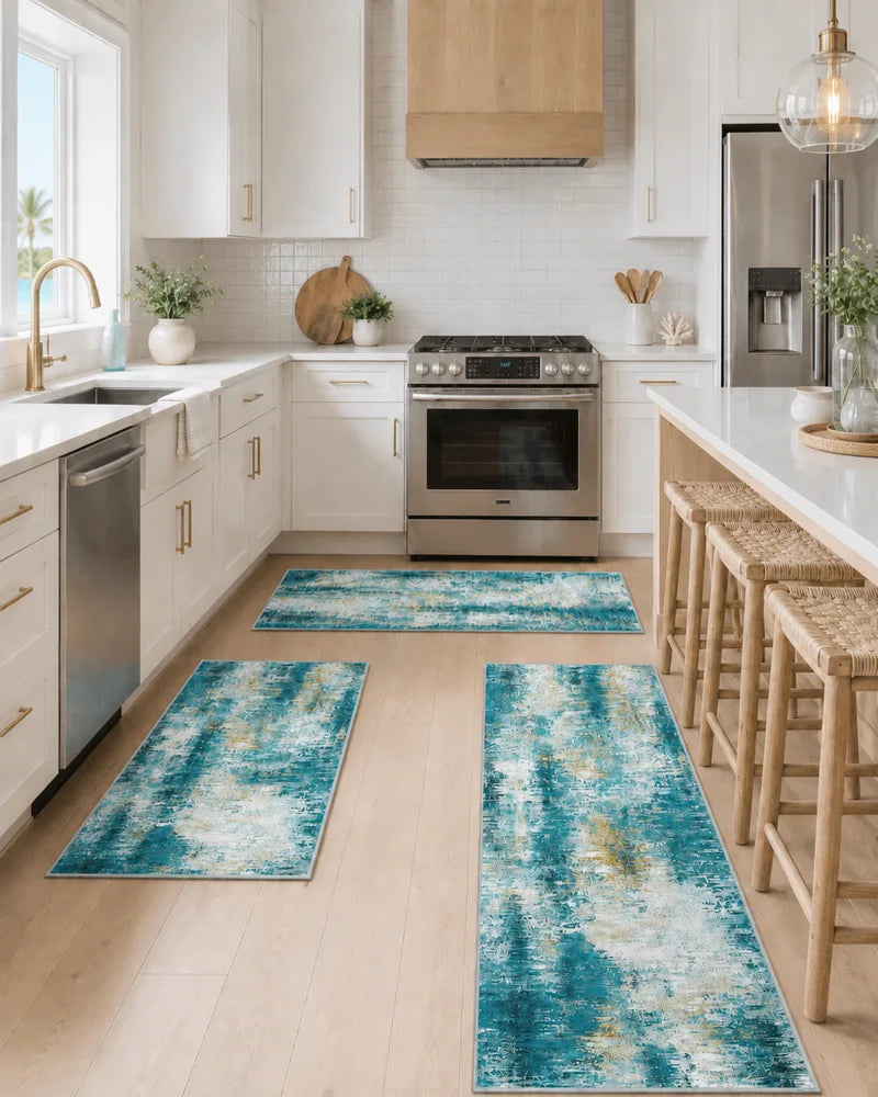 Teal washable kitchen rug set in front of white cabinets