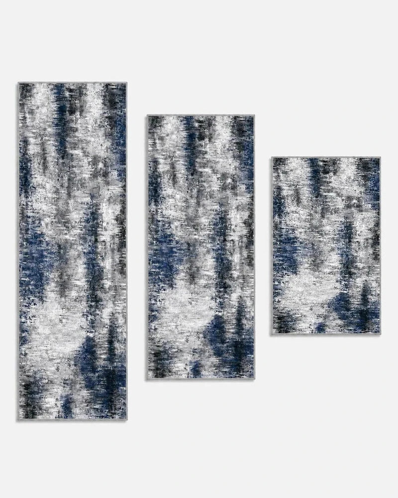 Blue gray washable non-slip kitchen rug set of three, shown longest to shortest: 20 x 59, 20 x 48, and 20 x 32 inches