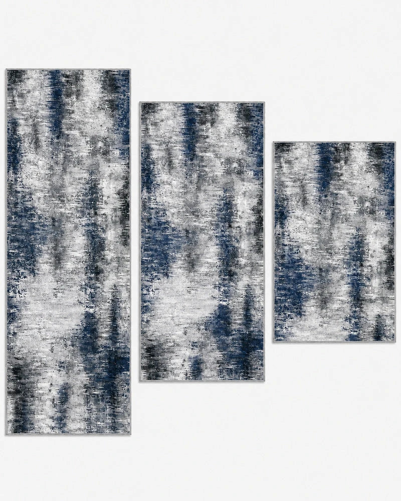 Blue gray wide 24-inch washable non-slip kitchen rug set of three, shown longest to shortest: 59, 48, and 32 inches