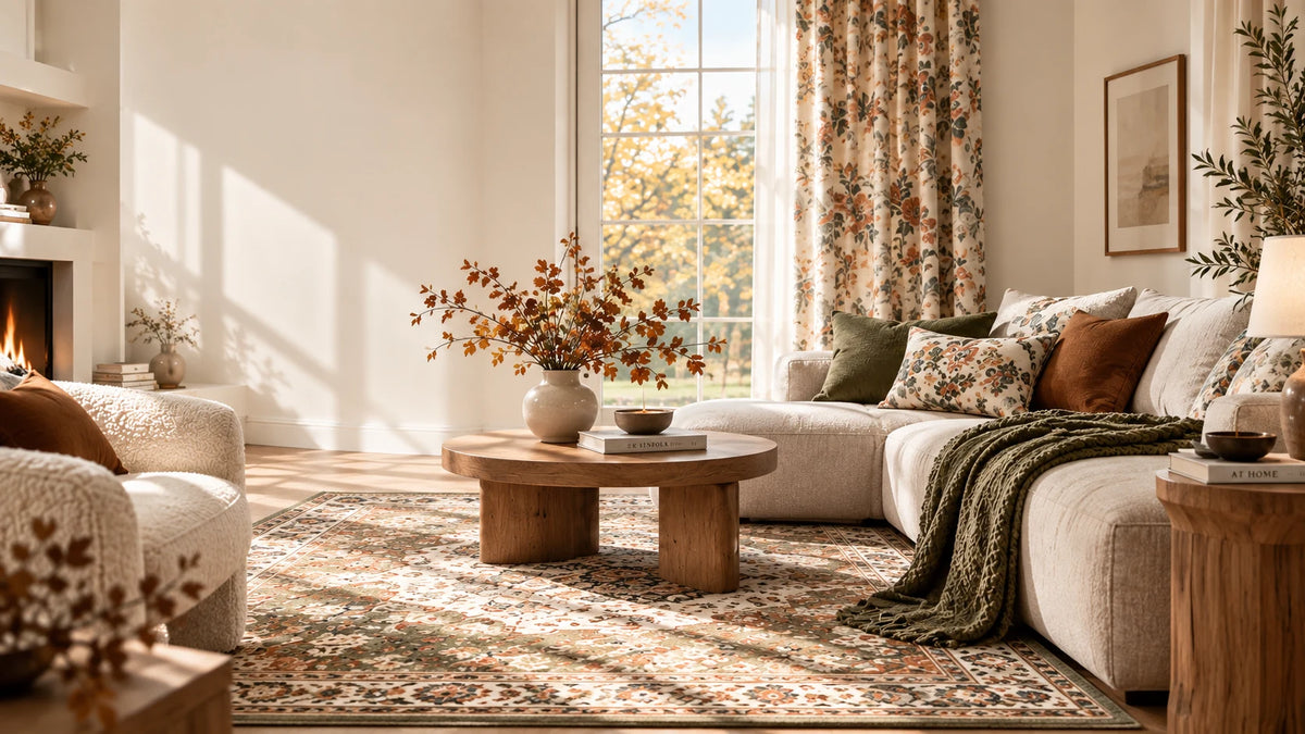 TYROT autumn living room with floral curtains and a patterned rug