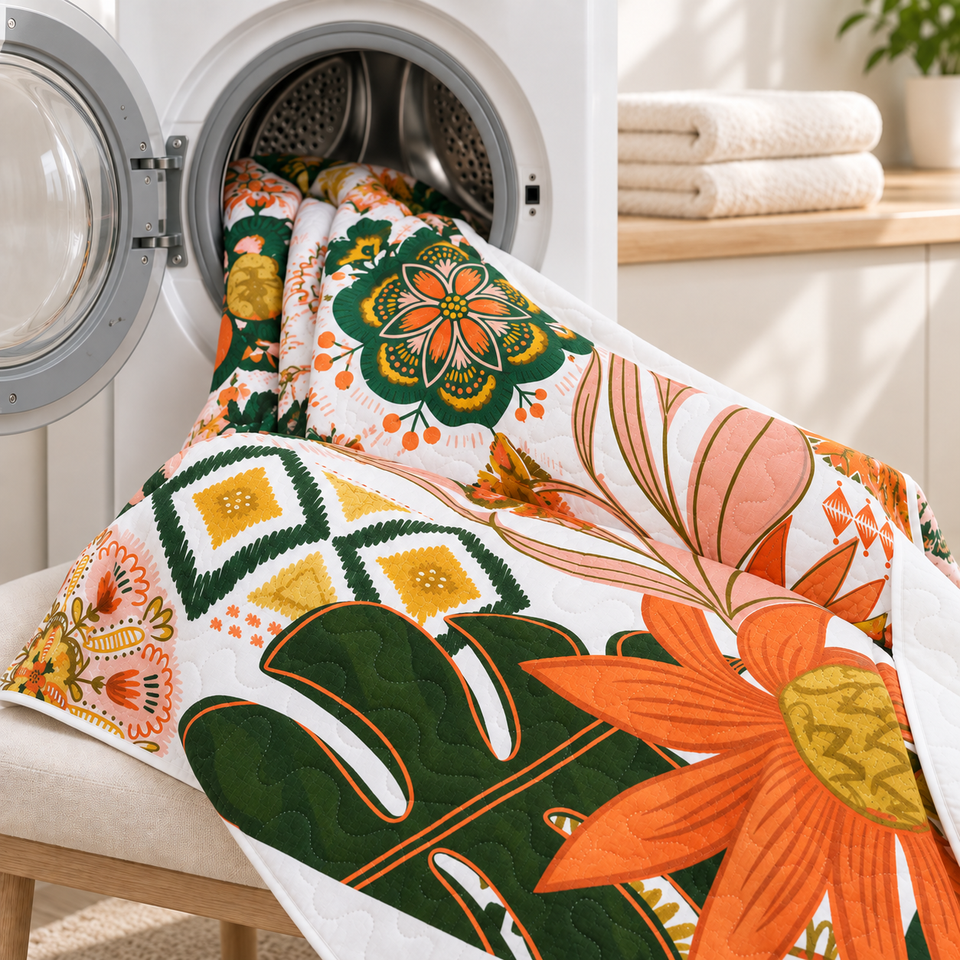 Flore quilt in Blush Pearl draped from an open front-loading washer, with orange flowers and green leaves visible.