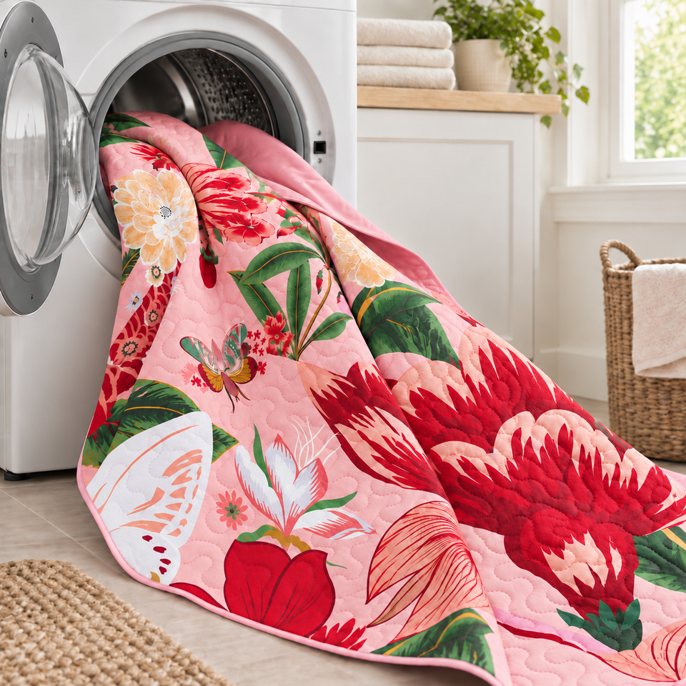 Flore quilt in Boho Rose draped from an open front-loading washing machine in a neutral laundry room.