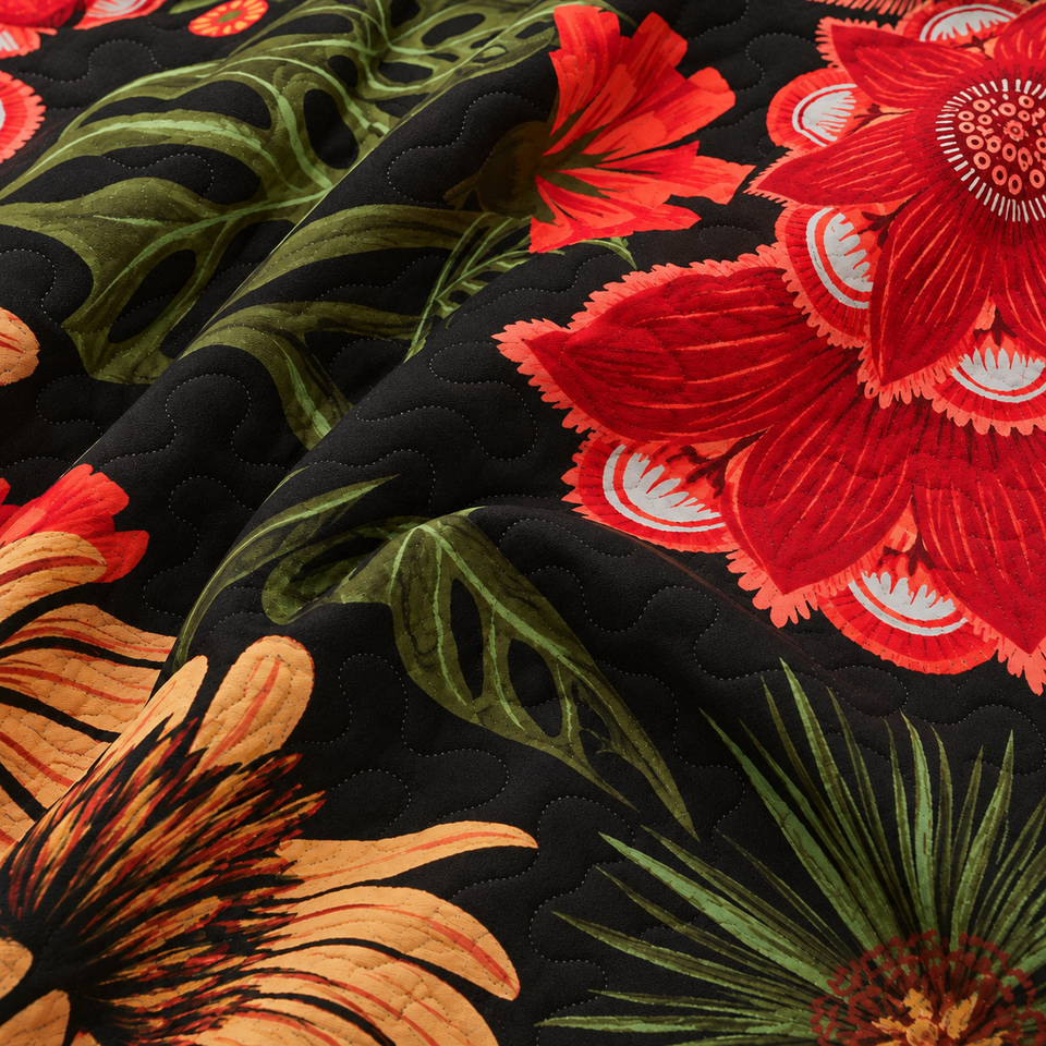 Gathered folds of the Flore quilt in Crimson Shadow, showing red flowers and green foliage on black fabric.