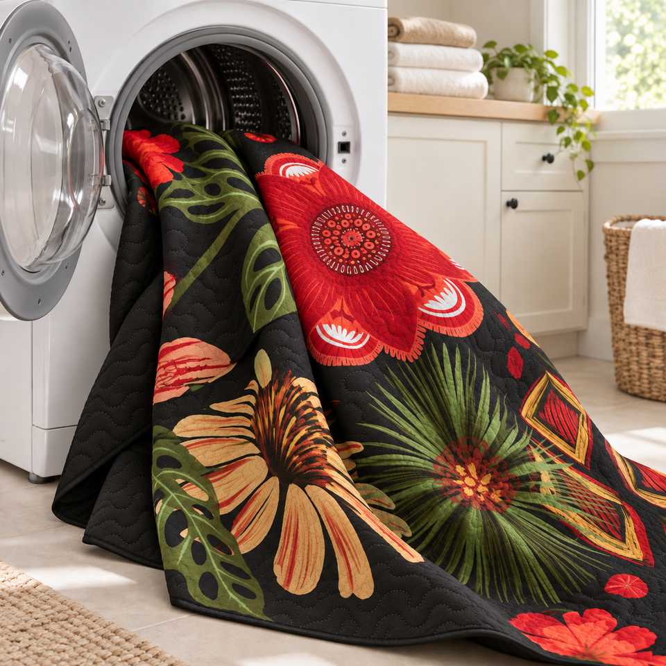 Flore quilt in Crimson Shadow, with red flowers on black fabric, draped from an open front-loading washer.