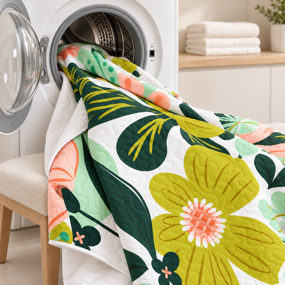 Flore quilt in Rose Garden draped from an open front-loading washer, with its yellow-green floral print visible.
