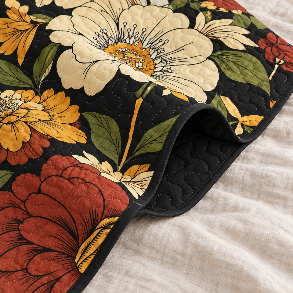 Flore quilt in Warm Ember folded to reveal its black reverse, bound edge and cream, gold and rust floral print.