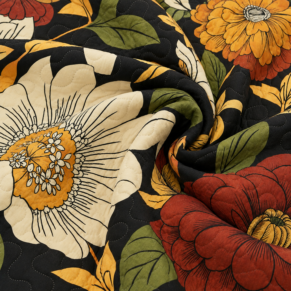 Gathered folds of the Flore quilt in Warm Ember, with cream, gold and rust flowers on a black background.