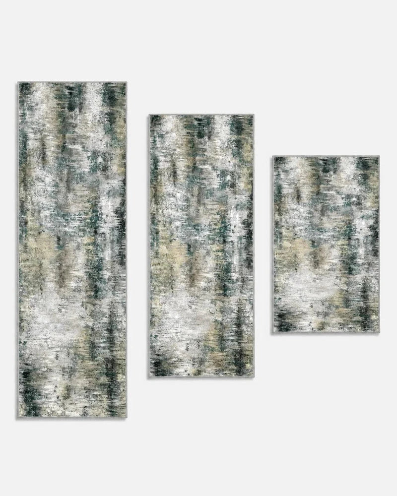 Gray brown washable non-slip kitchen rug set of three, shown longest to shortest: 20 x 59, 20 x 48, and 20 x 32 inches