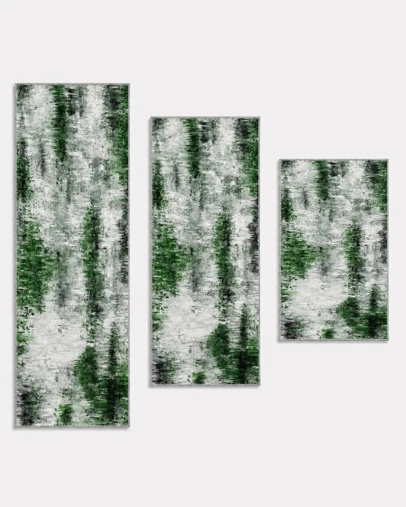 Gray green washable non-slip kitchen rug set of three, shown longest to shortest: 20 x 59, 20 x 48, and 20 x 32 inches