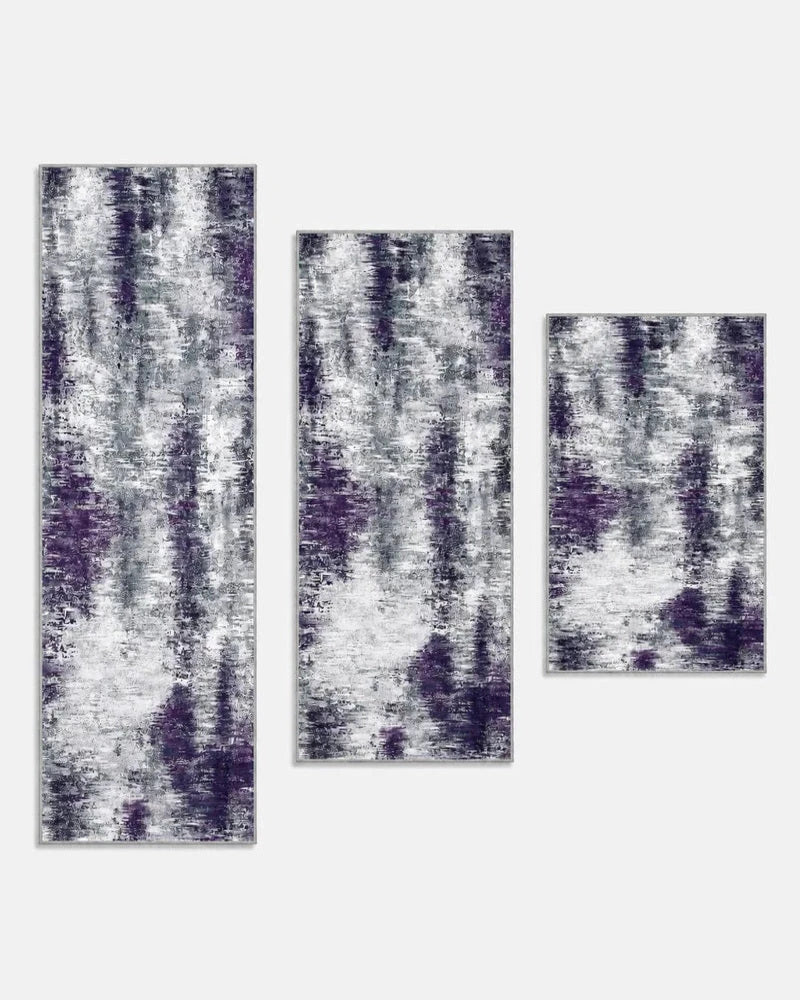 Gray purple washable non-slip kitchen rug set of three, shown longest to shortest: 20 x 59, 20 x 48, and 20 x 32 inches