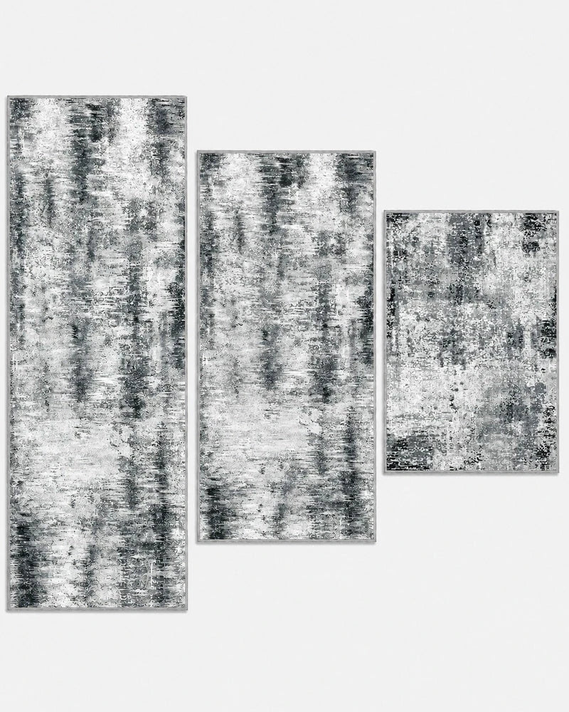 Gray wide 24-inch washable non-slip kitchen rug set of three, shown longest to shortest: 59, 48, and 32 inches