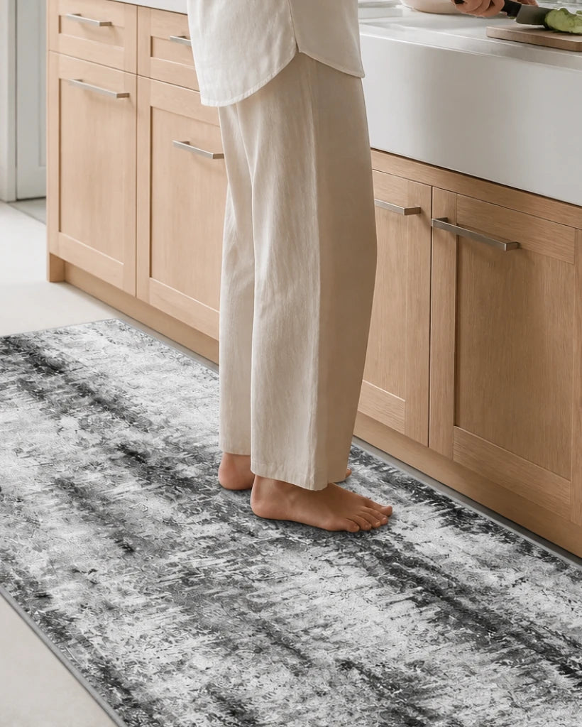 TYROT low-pile washable kitchen rug at the sink