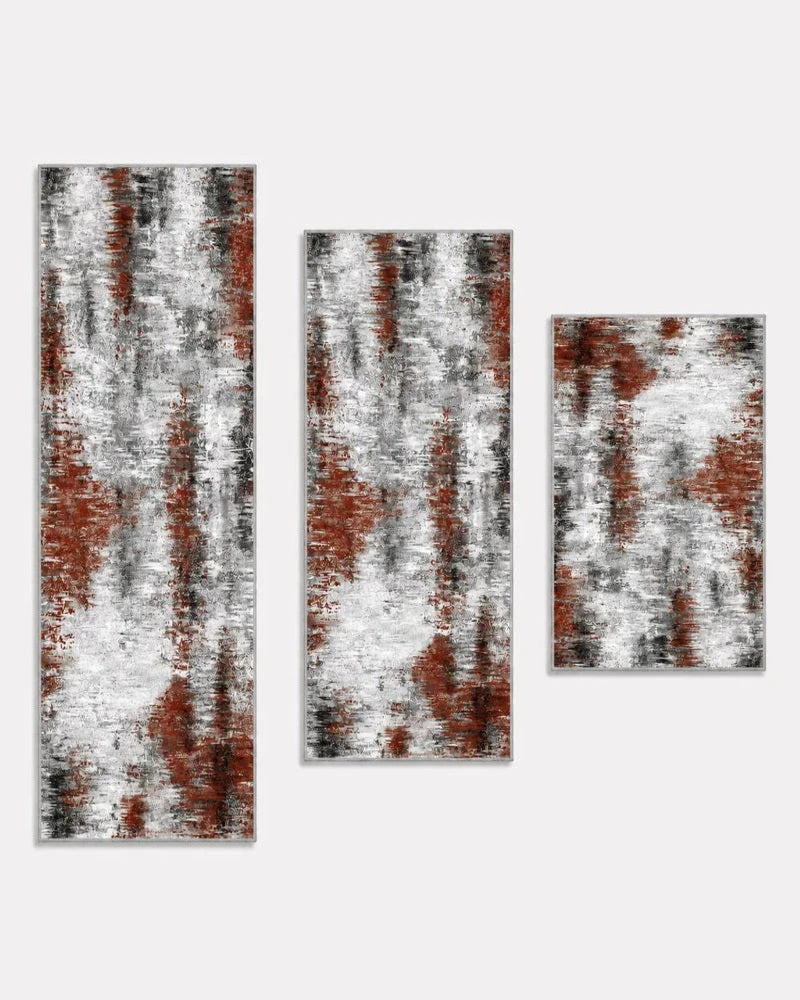 Rust red washable non-slip kitchen rug set of three, shown longest to shortest: 20 x 59, 20 x 48, and 20 x 32 inches