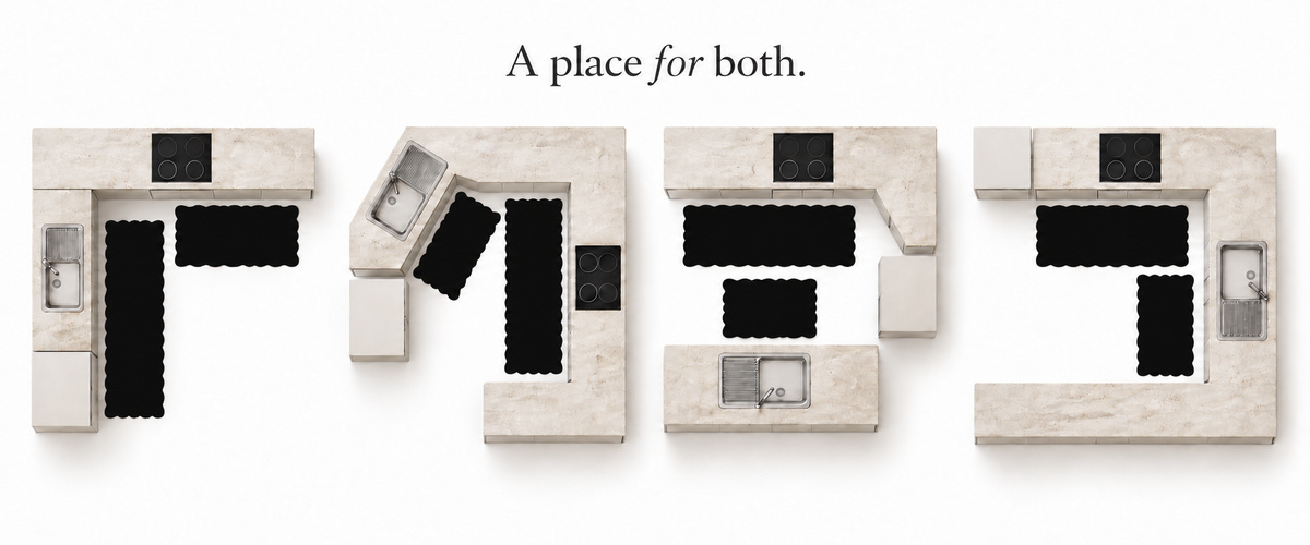 L-shaped kitchen: a runner by the sink and a mat by the stove