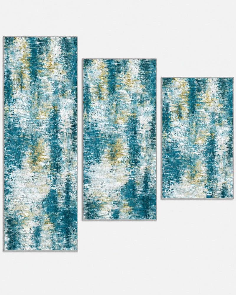 Teal wide 24-inch washable non-slip kitchen rug set of three, shown longest to shortest: 59, 48, and 32 inches
