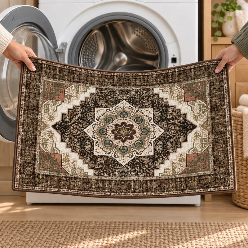 Brown vintage boho kitchen rug held in front of an open washing machine for easy cleaning