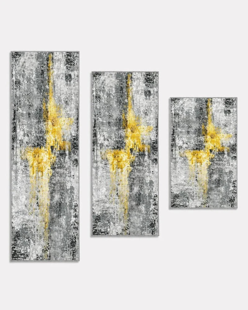 Yellow gray washable non-slip kitchen rug set of three, shown longest to shortest: 20 x 59, 20 x 48, and 20 x 32 inches