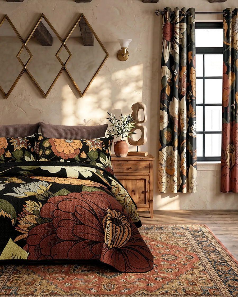 Boho floral blackout curtains coordinated with matching floral bedding in a rustic bedroom