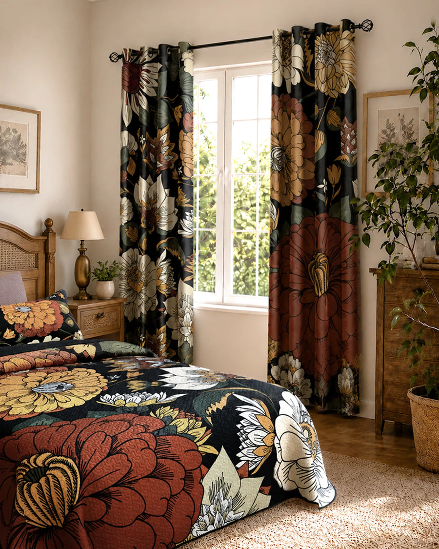 Boho floral blackout curtains framing a bright bedroom with matching botanical quilt bedding