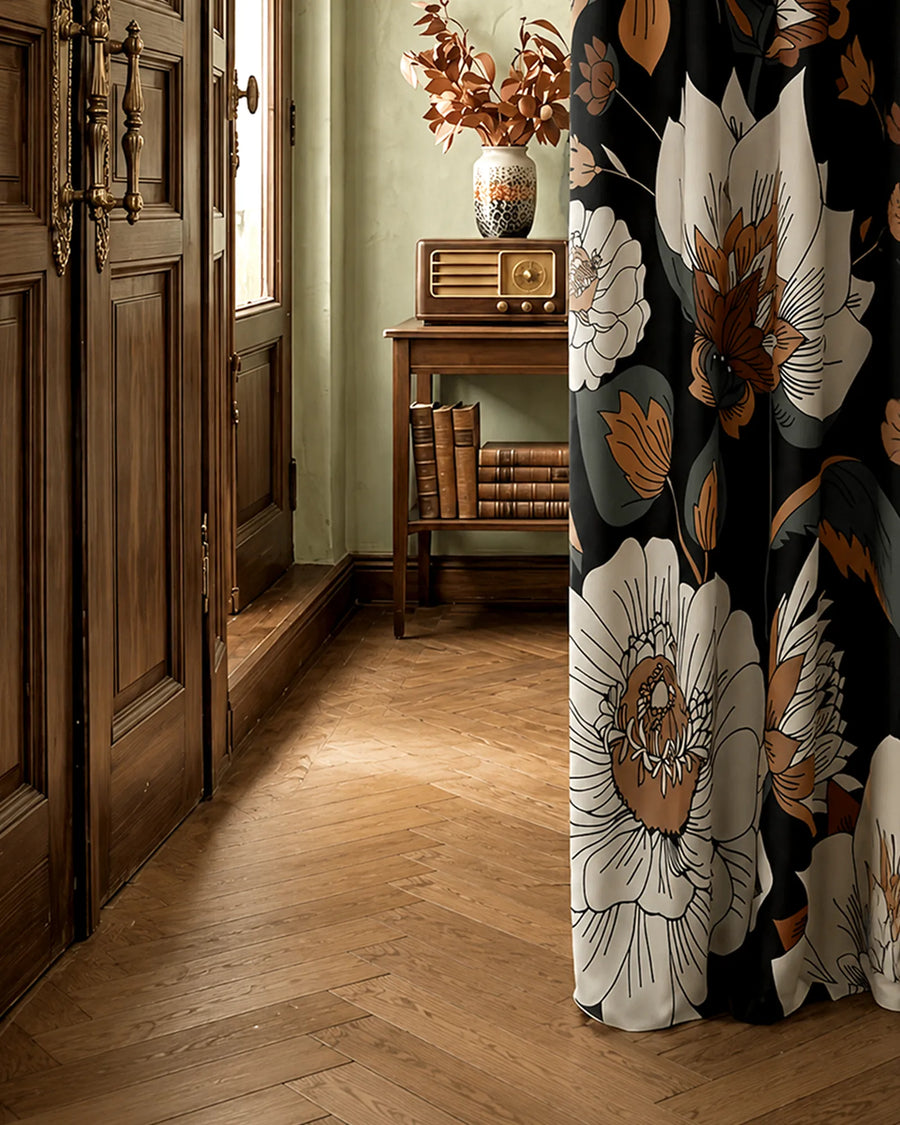 Boho floral blackout curtains with oversized warm-toned blooms in a vintage entryway