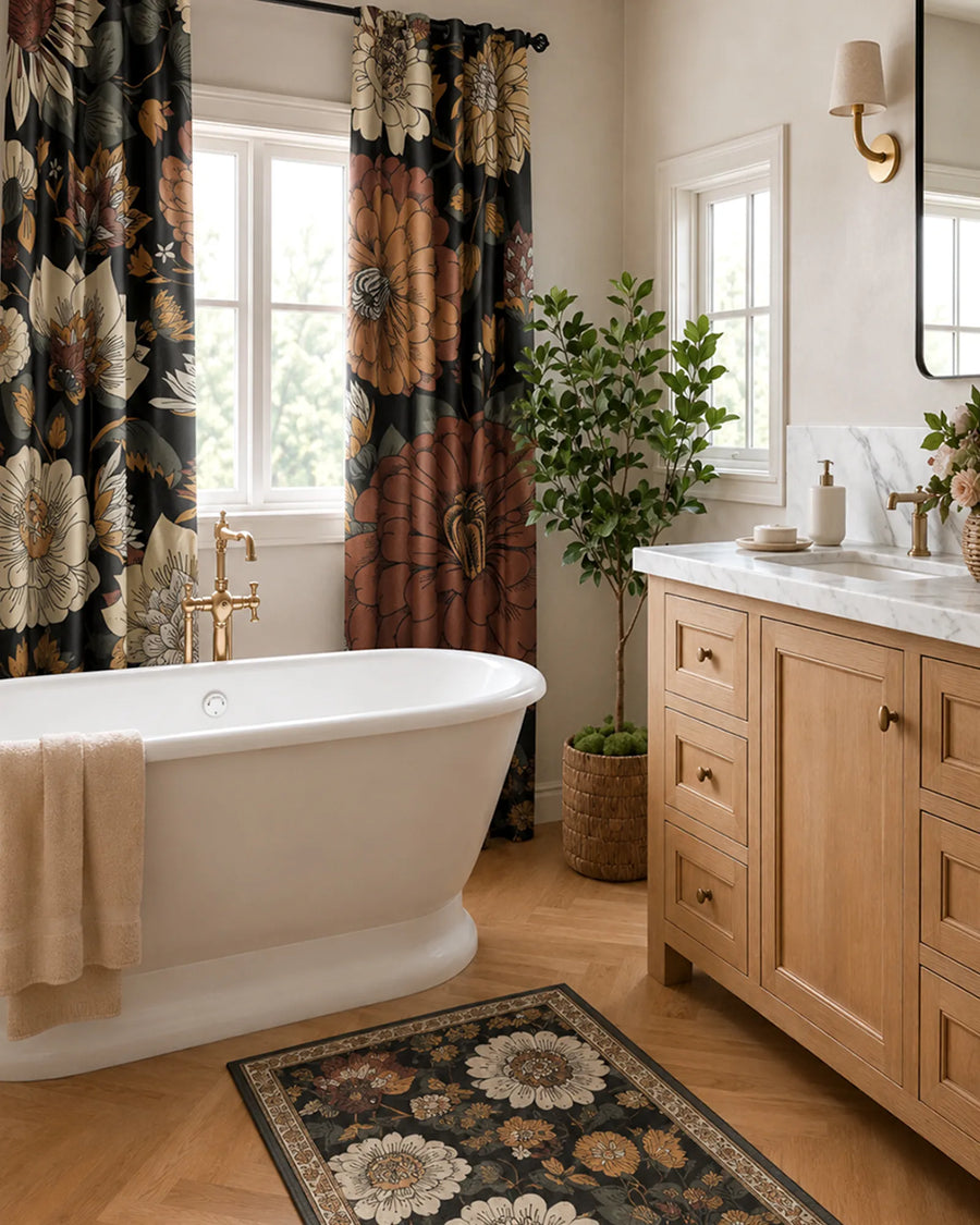 Floral blackout curtains adding privacy and warm botanical style beside a freestanding bathtub