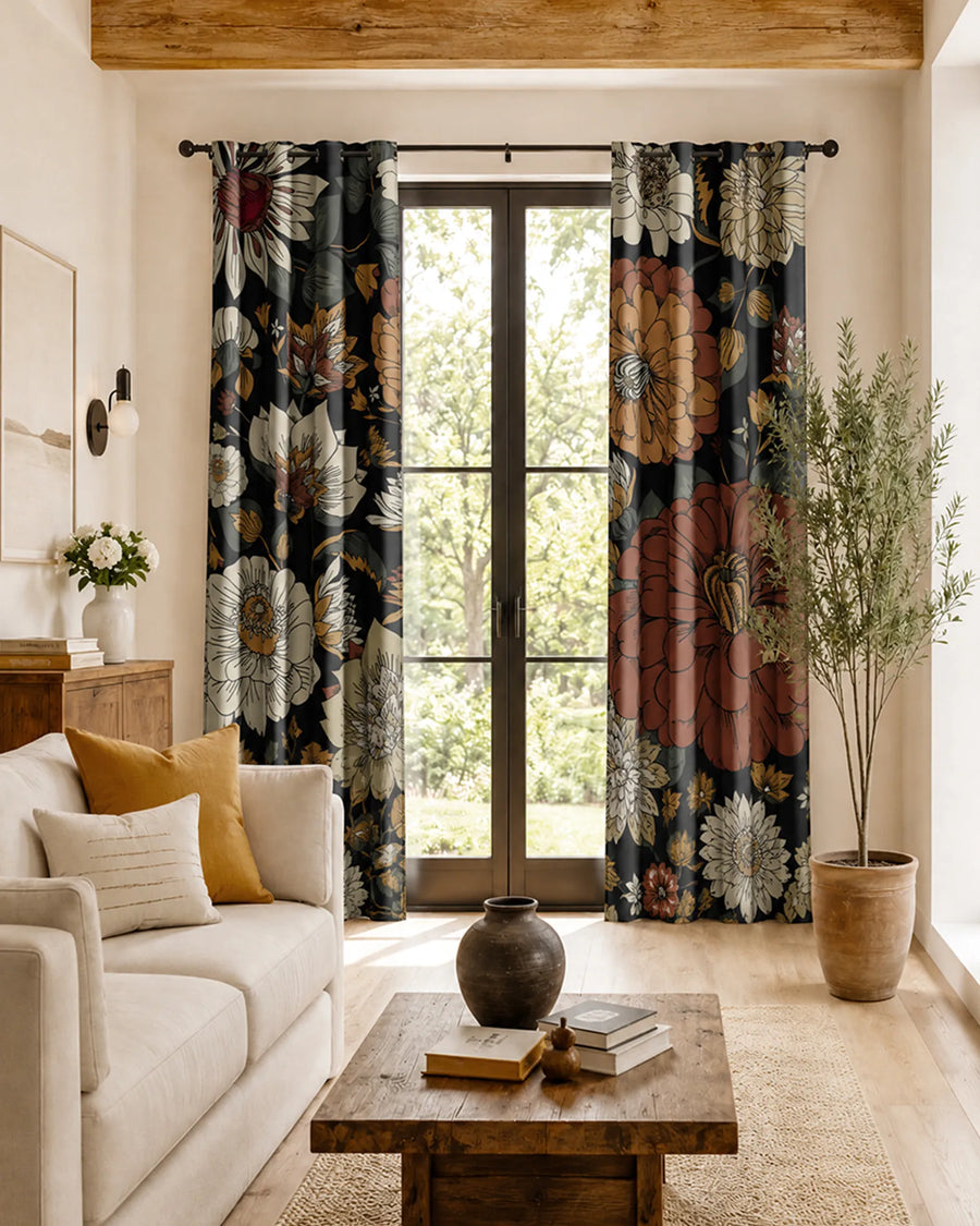 Boho floral blackout curtains framing tall glass doors in a warm modern living room