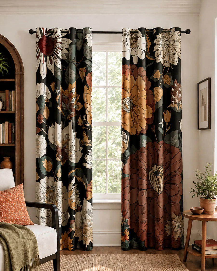 Boho floral blackout curtains with oversized rust, cream and gold blooms in Warm Ember