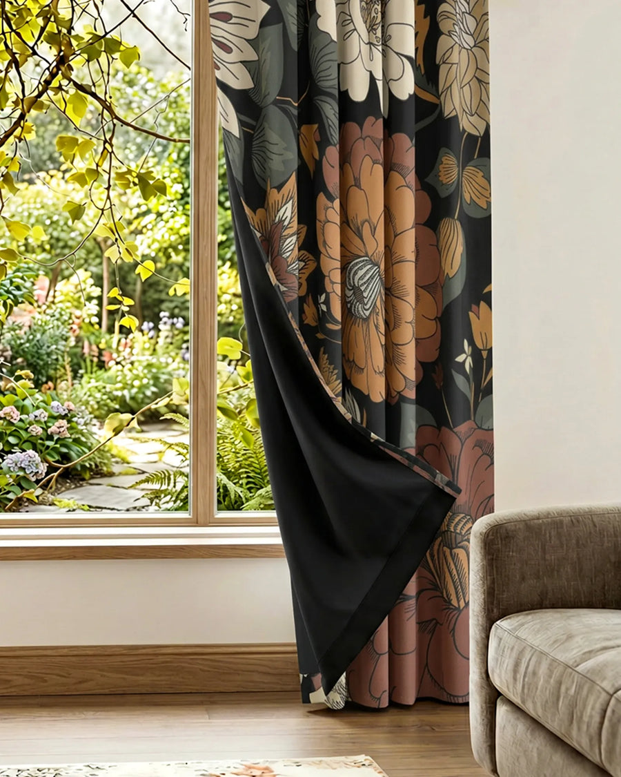 Boho floral blackout curtains showing the black light-blocking backing in Warm Ember