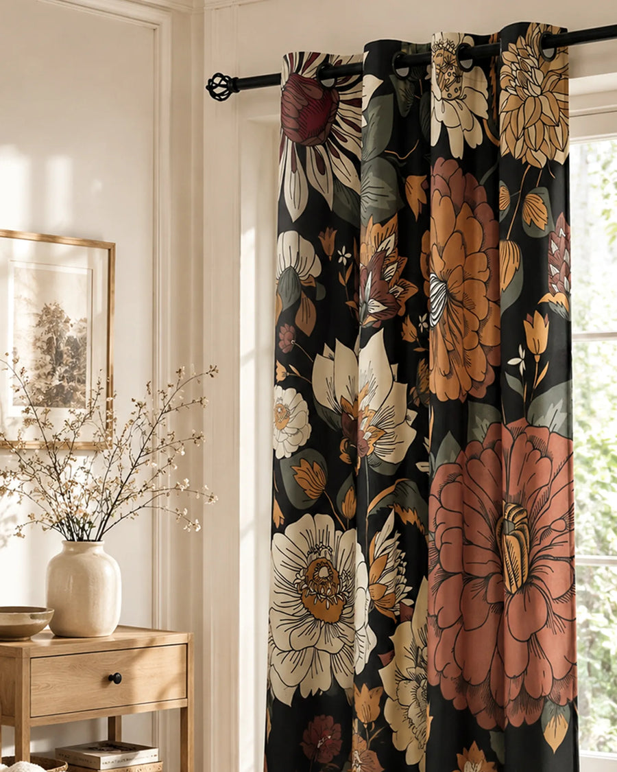 Boho floral blackout curtains with black grommets and softly draped botanical fabric